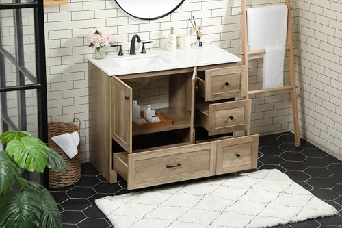 42" Pre-Assembled Bathroom Vanity with Sink, Engineered Wood, Ivory White Engineered Marble Countertop Attached, Single Rectangle Porcelain Sink, 4 Soft-Close Drawers, Natural Oak
