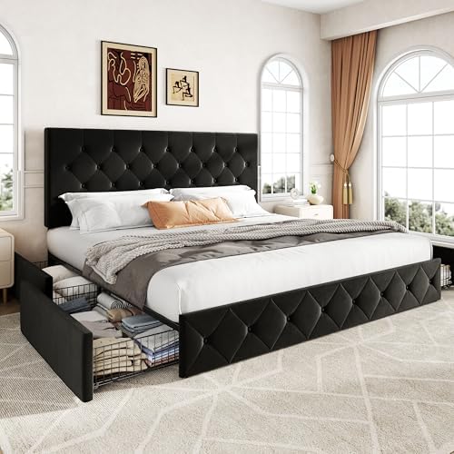 Allewie King Size Storage Bed Frame with 4 Underbed Drawers, Upholstered Platform Bed with Adjustable Headboard, Diamond Button Tufted, Easy Assembly, Noise-Free, No Box Spring Needed, Soft Black