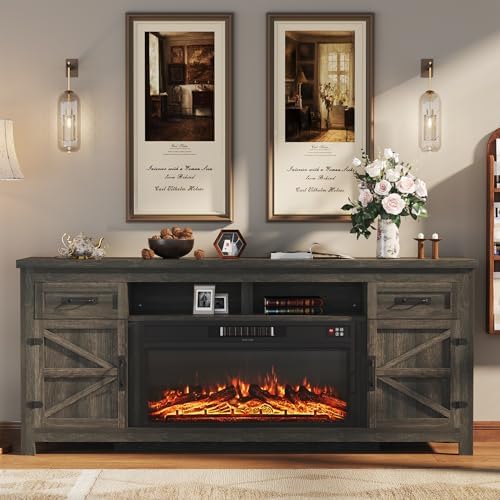 Fireplace TV Stand with Barn Door, 80 inch, Grey
