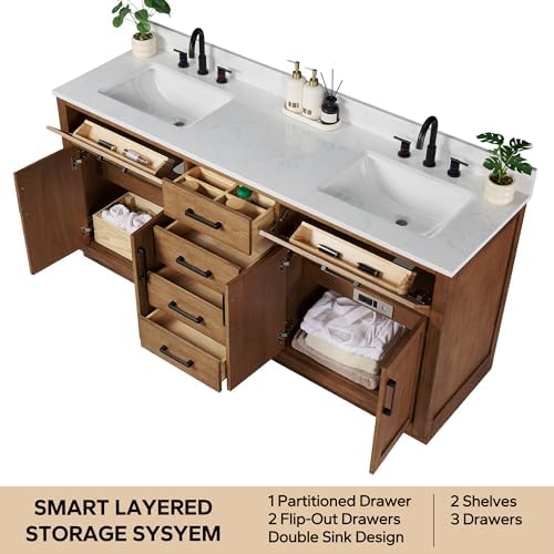 72-inch Dark Walnut Bathroom Vanity with 2 Sinks, Solid Wood, 0.79-inch Stone Countertop and Backsplash, 6 Drawers, 4 Soft Closing Doors