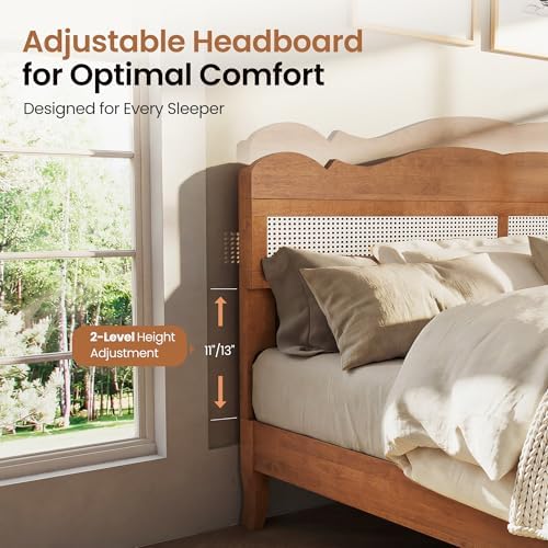 PHI VILLA Solid Wood Full Size Bed Frame with Adjustable Headboard