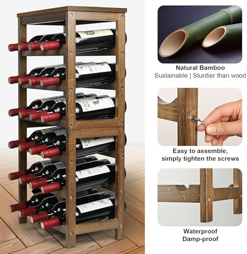 VASMIA Wine Rack Freestanding Floor, 6-Tier Display Wine Storage Shelves with Table Top, 24-Botttle Bamboo Wine Rack Shelf for Kitchen Bar Dining Room Living Room, Walnut