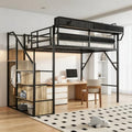 Queen Size Metal Loft Bed with Reversible Stairs and LED & USB Port
