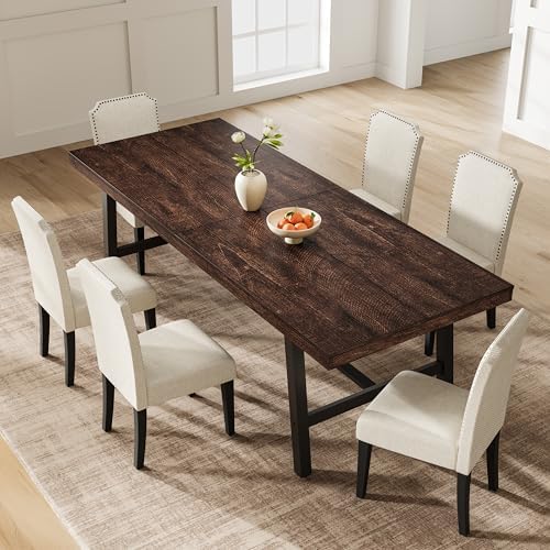 Garvee 87" Farmhouse Dining Table, Large Kitchen Table, Dark Rustic Birch