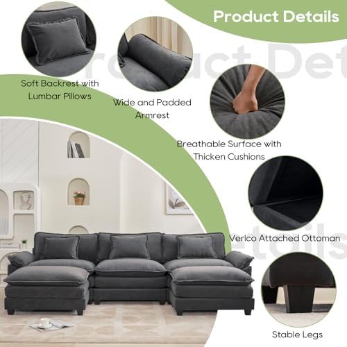 Oprisen 120" Modular Sectional Sofa, Comfy Deep Cloud Couch with Ottoman