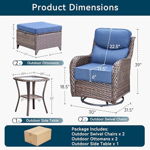 Luxury 5 Pieces Patio Furniture Set-Outdoor Swivel Rocker Patio Chairs with 6" Thick Cushions, Swivel Rocker Chairs with Ottomans & Side Table, Outdoor Conversation Sets for Porch Deck(Brown/Blue)