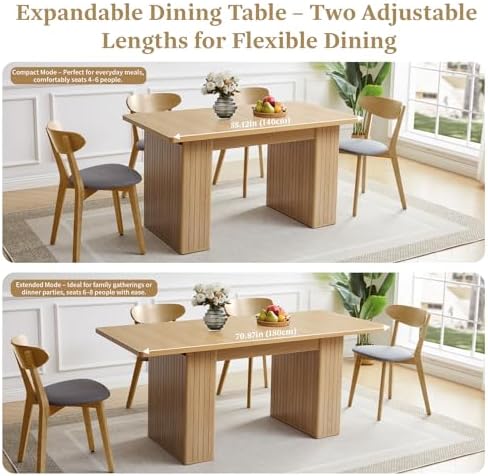 55 in–71 in Extendable Rectangular Dining Table for 4–6, Modern Farmhouse Expandable Kitchen Table with Carved Line Base, Wooden Dinner Table for Kitchen Living Room Home Office (Natural)
