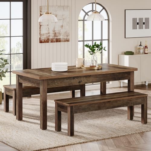 Tribesigns Farmhouse Kitchen Table Set for 4-6, 55-Inch Wooden Dining Table with 2 Benches, Space Saving 3 Pieces Heavy Duty Dinette for Dining Room, Kitchen, Small Space (Wood Hemp)