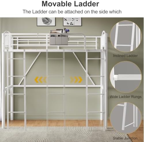 Decofy Metal Loft Bed Twin Size, Heavy Duty Loft Bed with Bedside Caddy, EVA Anti-Slip Ladder with Sturdy Guardrails, Space-Saving Twin Size Loft Bed for Teens & Adults for Bedroom Dorm (White)