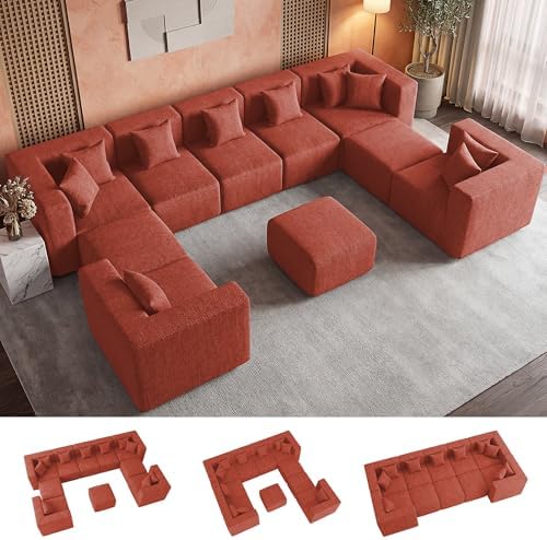 MONVANE Modular Sectional Sofa, Oversized 10 Seat Convertible U Shaped Couch with Ottoman, Comfy Chenille Cloud Couch with Deep Seat, Sectional Couches for Living Room, No Assembly Required, Rust Red