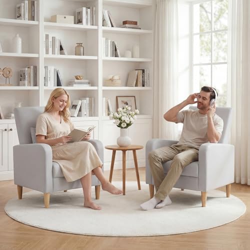 COLAMY Mid-Century Modern Accent Chair, Faux Leather Upholstered Living Room Chair with Back Pillow & Solid Wood Legs, Comfy Armchair for Living Room, Bedroom, Single Sofa, Light Grey