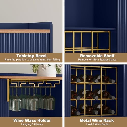ARTPOWER 48" Wine Bar Cabinet with Fluted Texture, Buffet Sideboard, Blue