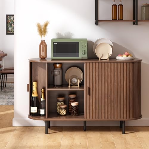 ONBRILL 48" Sideboard Buffet Cabinet, Sliding Door/Adjustable Shelf, Walnut