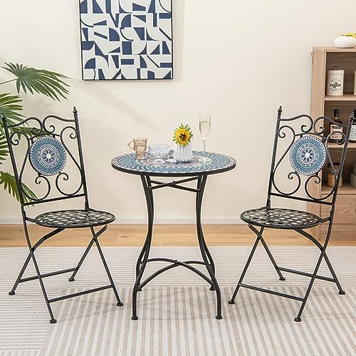 GIANTEX 24 Inch Patio Bistro Table, Mosaic Round Table w/Ceramic Tile Tabletop, Heavy-Duty Metal Structure, Outdoor Dining Table for Backyard, Garden, Porch (Multicolor (Floral Pattern))
