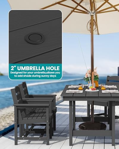 SERWALL HDPE Dining Set with Umbrella, Outdoor Dining Set for 6, Black