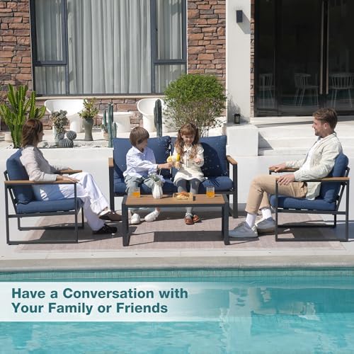 4 Pieces Metal Patio Furniture Set for Outdoor Balcony, Blue