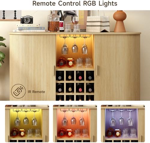 ONBRILL 55" Fluted Wine Bar Cabinet with LED Light Oak