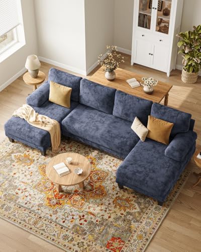 U-Shaped Sectional Couches for Living Room | 112 Inch Modern Sectional Couch | Chenille Sofa with Double Chaise for Apartment Dark Blue