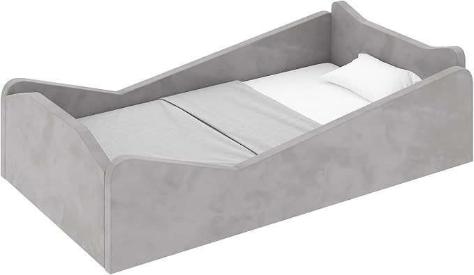 JOYMOR Toddler Bed, Floor Bed with Safety Guadrail, Montessori Toddler Bed with Animal Ear Shapes, Soft Velvet Wood Bed for Infant, Kids, Mattress not Included (Gray)