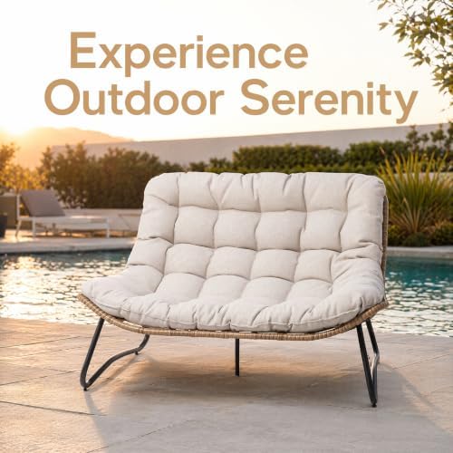 Outdoor Loveseat 2-Seat Wicker Rattan Boho Patio Sofa Beige 1PC