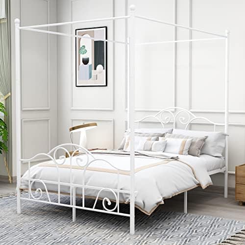 Full Size Four-Poster Metal Canopy Bed Frame,White