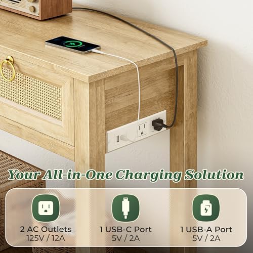 SUPERJARE Rattan Console Sofa Table with Outlets, USB-C Port and 3 Drawers