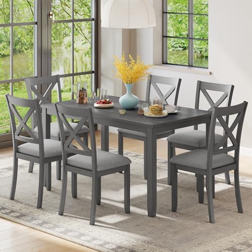 Zevemomo 7-Piece Solid Wood Dining Table Set, Farmhouse Wooden Legs, Grey