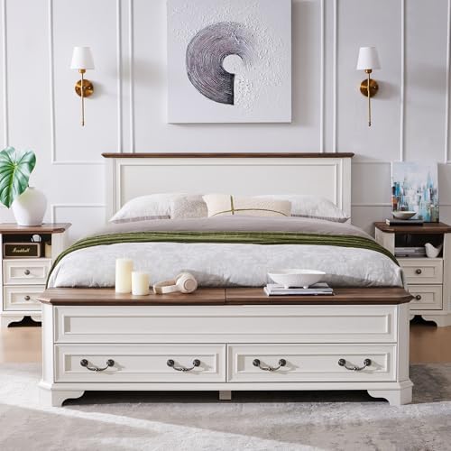 T4TREAM Farmhouse Queen Bed with Headboard and Storage Bench(Antique White)