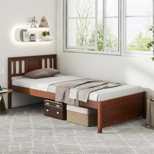 Giantex Twin Bed Frame With Headboard, Mid Century Solid Wood Platform Bed, Single Panel Bed With Slat Support, No Box Spring Needed, for Kids, Walnut