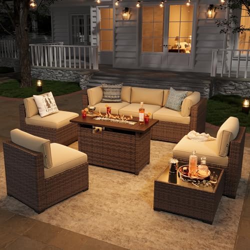 Aoxun Patio Furniture Sets, 8-Piece Outdoor Patio Furniture with 44'' Propane Gas Firepit Table, Wicker Outdoor Conversation Set Sectional Sofa for Backyard, Poolside, Garden (Black Cushion)