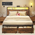 Full Bed Frame with Charging Station, LED Lights, 2 Drawers, Rustic Brown