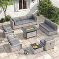 8‑Seat Modular Wicker Patio Set with Fire Pit Table, 2 Swivel Rocking Chairs, 4" Cushions, Rust‑Resistant Steel Frame, L‑Shape Rattan Sectional Sofa, Charcoal Grey