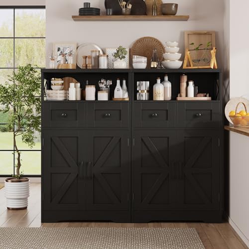 Farmhouse Storage Cabinet with Drawers, Small Kitchen Pantry Cabinet, Black