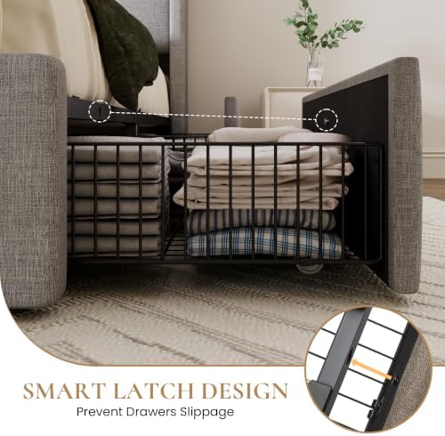 SHA CERLIN Queen Size Storage Bed Frame with 4 Oversized Drawers, Modern Wingback Headboard with Storage Shelf & Charging Station, No Box Spring Needed, Easy Assembly, Grey