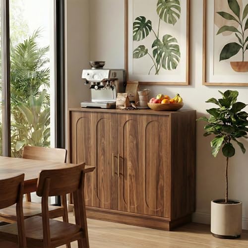 holzart 31.5" Modern Farmhouse Storage Cabinet, Rustic Brown 2 Door Sideboard Buffet with Gold Handles, Fluted Wood Accent Credenza for Entryway, Living Room, Coffee Bar, Home Office