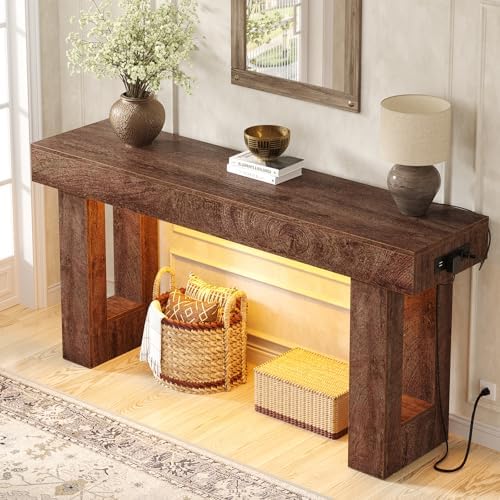 Unikito 63" Console Table with Sensor Light and Oulets, Rustic Oak
