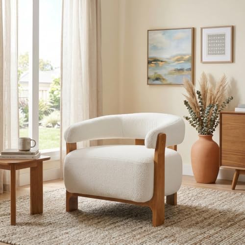 Merax 28.7'' Mid-Century Modern Boucle Accent Chair with Solid Wood Frame, Curved Arm Barrel Chair Upholstered Boucle Fabric Lounge Chair for Living Room, Bedroom & Office, Off-White + Natural