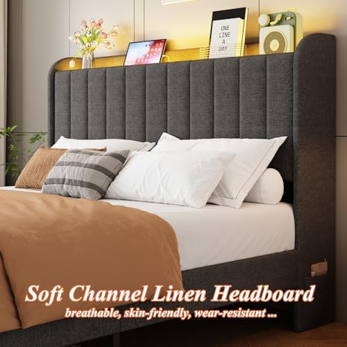 Queen Size Bed Frames with Storage Headboard and 2 Drawers, Upholstered Platform Bed Frame Queen with Led Lights and Handy Charging Station, No Box Spring Needed, Easy Assembly, Noise Free, Gray