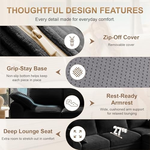 Upgraded Boneless Couch with Storage, Sectional Couches for Living Room, L-Shaped Modular Cloud Corduroy Sofa with Ottoman & Pillows, Oversized Deep Seat Memory Foam Couch, No Assembly(Black, 107" L)