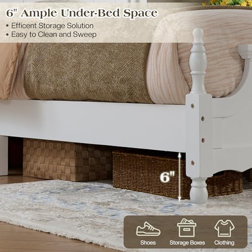 LUXOAK King Size Solid Wood Poster Bed, 55" Arched Headboard, White
