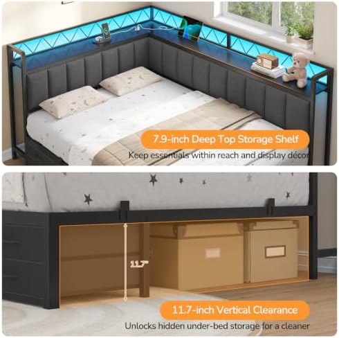 Full Corner Bed Frame with Storage Shelves, 6 Drawers,Charging Station,Grey