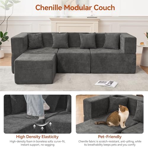MONVANE 103'' Modular Sectional Sofa, Comfy Chenille Cloud Couch with Ottoman, Modern Convertible L Shaped Couch with Deep Seat, Sectional Couches for Living Room, No Assembly Required, Grey