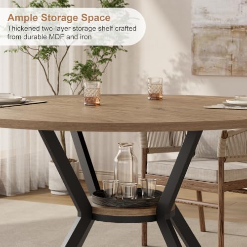 42" Round Dining Table for 2-4, Farmhouse Wooden Kitchen Table with Storage