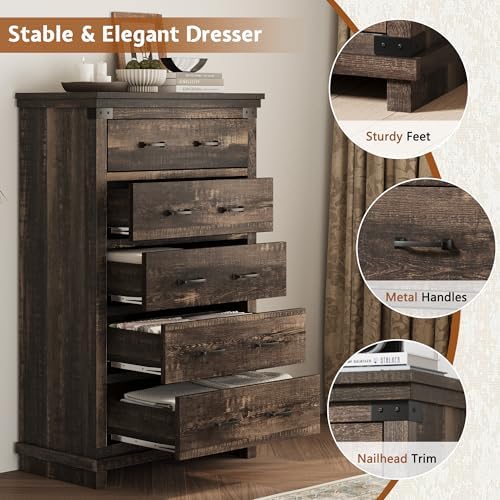AMERLIFE 5 Pieces Farmhouse Bedroom Set, Includes Rustic Full Bed Frame with 54" Tall Headboard, 6 Drawer Dresser, 5 Drawer Tall Chest, Nightstands Set of 2 with Charging Station, Black Oak