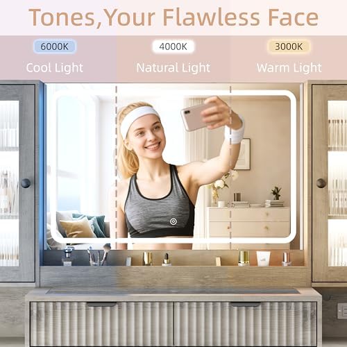Fluted Vanity Desk with Mirror & Lights | 8 Drawers & 4 Cabinets, Tempered Glass Top, RGB Cabinet Lighting, 3-Color Dimmable Mirror, Charging Station