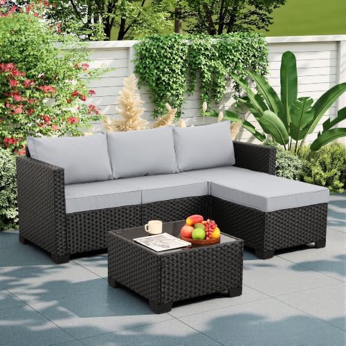 Rattaner 3 Pieces Patio Furniture Set Outdoor Sectional Wicker Patio Furniture Patio Couch with Ottoman and Outdoor Table All-Weather Anti-Slip Cushions Waterproof Covers, Light Grey