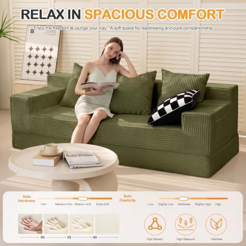 Erament 3 Seater Boneless Couch Sofa Bed, 78'' Corduroy Oversized Loveseat Folding Sofas Bed, Compression Convertible Futon Floor Couch Sofa Beds with 3 Pillows for Living Room Bedroom Apartment