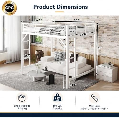 Bellemave Queen Loft Bed, Metal Round Pipe, Dual Ladders, Save Space, White