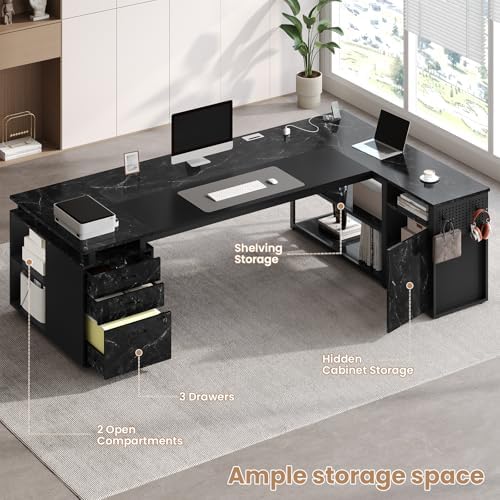 78" Executive Desk with Lockable File Cabinet, L Shaped Office Desk with Power Outlets, Large Executive Desk with Drawers and Storage Shelves, Reversible Computer Desk, Marble Grain