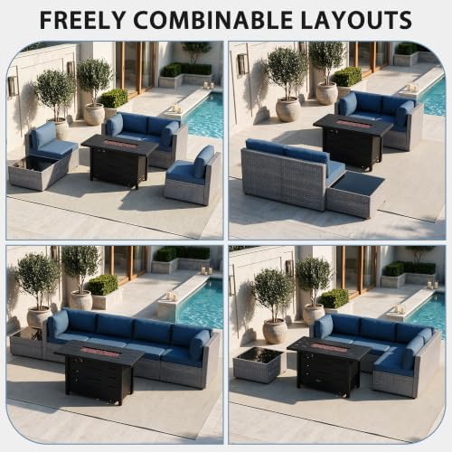 Shintenchi 6 Piece Outdoor Patio Furniture Set with 43 Inch Propane Fire Pit, Washable Cushions, Glass Coffee Table, Waterproof Cover & CSA Certified for Backyard Poolside, Silver PE Rattan/Navy Blue